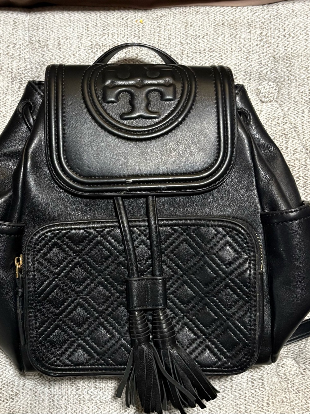 Tory Burch Black Quilted Tassel Drawstring Mini Backpack